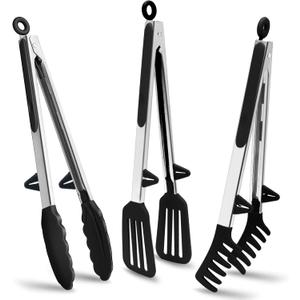 Tongs for Cooking, 12" Kitchen Tongs with Silicone Tips, Food Grade Serving Tongs Set of 3, Black