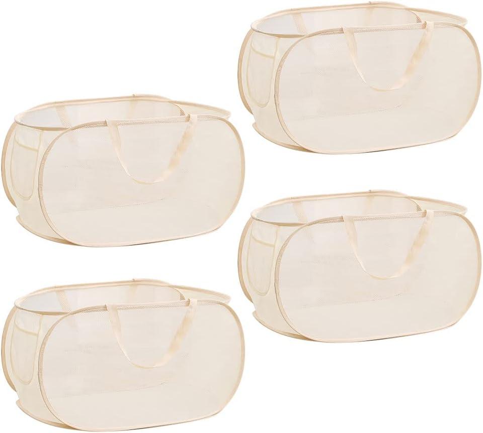 LATERONON 4Pcs Beige Canvas Laundry Hamper, Foldable Pop-up Mesh Basket, Large Capacity, Opening Design, Side Storage Bag, Versatile Use-Home, Camping, Dorm, Hotel, Travel