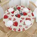 Valentines Day Round Tablecloth Fitted Best for 40"-44" Beige Red Heart Table Cloth Vintage Elastic Edge Water-Resistant Washable Love Decoration Table Cover for Party Picnic Indoor Decor