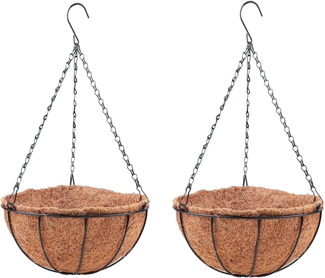 LaLaGreen Hanging Baskets for Plant Outdoor (18 Inch, 2 Pack) Extra Large Black Metal Wire Hanging Planter with Coco Liner Round Flower Pot Holder Hanger Deck Porch Modern Garden Balcony Country Decor
