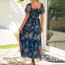 Simplee Womens Floral Maxi Dresses 2026 Summer Square Neck Mesh Short Sleeve Smocked Boho Flowy Wedding Guest Dress, XL