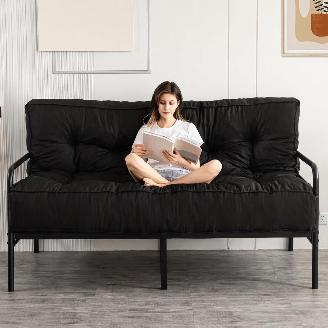 YOSHOOT 8 Inches Futon Mattress Full Size, Thick Futons Sofa Couch Bed, Floor Mattress for Adults, Shredded Foam Filling, Medium Firm(Frame Not Included), Black, 54"x75"