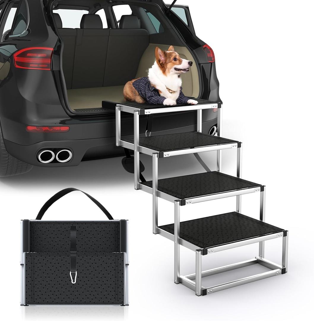 Dog Stairs for Car, Foldable Dog Ramp for Car with Non-Slip Surface, Portable Stairs Aluminum SUV, High Beds, Truck, Supports up to 250 lbs, 4 Steps