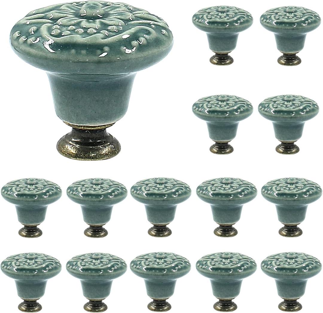 Piutouyar Green Ceramic knobs, Kitchen Cabinet Knobs, Retro Dresser Knobs, Drawer Knobs, Furniture Knobs and Pulls for Drawer, Dressers, Cupboard, Closet, 34mm / 1.3Inch Diameter(15Pcs)