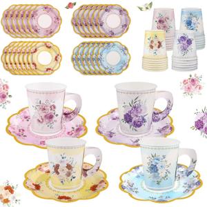24 Sets Disposable Paper Tea Cups 7 OZ Floral Tea Party Cups with Handle and Plates Teacups and Saucer Sets for Garden Party Baby Bridal Shower Birthday(Watercolor Style)