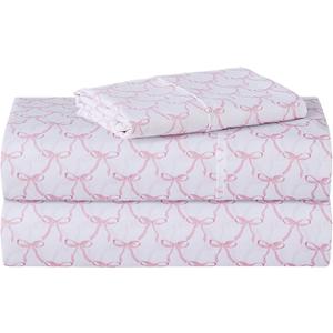 Softan Kids Bed Sheet Set, Girls Twin Size Kids Sheets, Microfiber Fitted Sheet and Pillowcase, Breathable and Silky Soft, 3 Piece Pink Bowknot Printed Twin Bed Sheet
