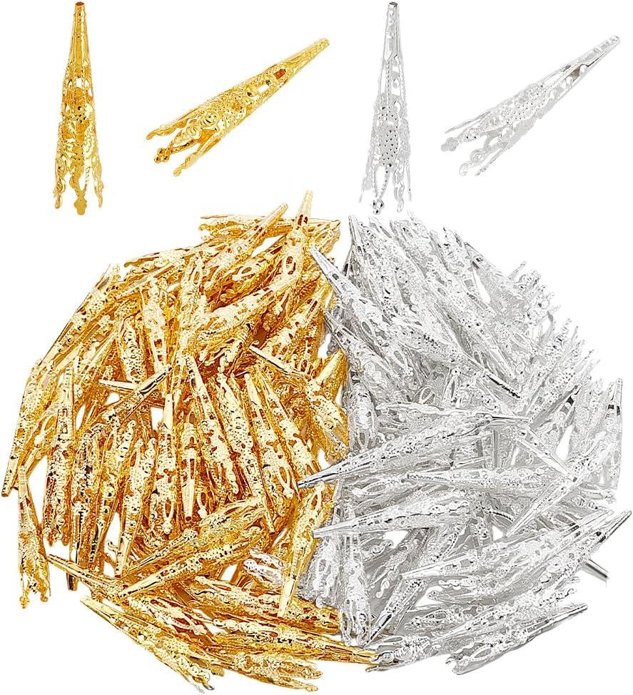 PH PandaHall 200 Pcs 2 Colors Long Flower Bead Caps Hollow Bead End Caps Bead Stoppers for Tassels Jewelry Making DIY Crafts Goddess Beads Dreadlock Beads for Hair BrSilver&Golden 1.6 Inch