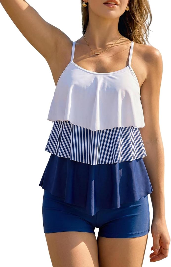 ZAFUL Women's Tankini Swimsuits Tummy Control Two Piece Bathing Suit Ruffled Flounce Swimwear with Shorts XL