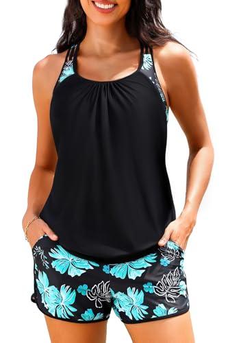 Women Blue Floral Tankini Swimsuits with Shorts - Two Piece Tummy Control Blouson Tankini with Two Pockets Bottom Bathing Suit XL