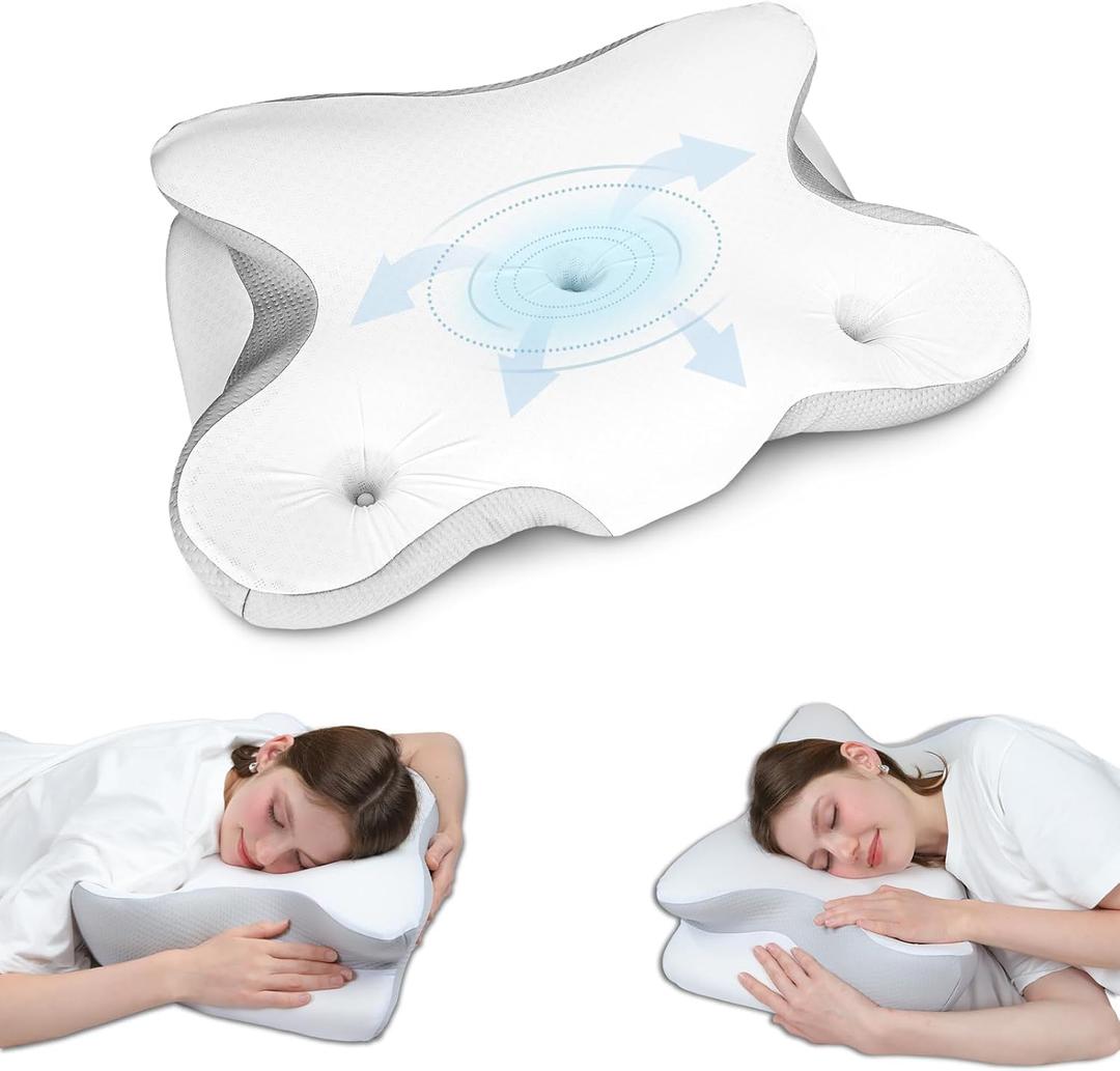 Cervical Pillow for Neck Pain Relief - Ergonomic Memory Foam Pillow, Cooling Sleeping Side Sleeper Pillow for Neck, Breathable Pillowcase Three-Hole Neck Support Contour for Side Back Stomach Sleeper