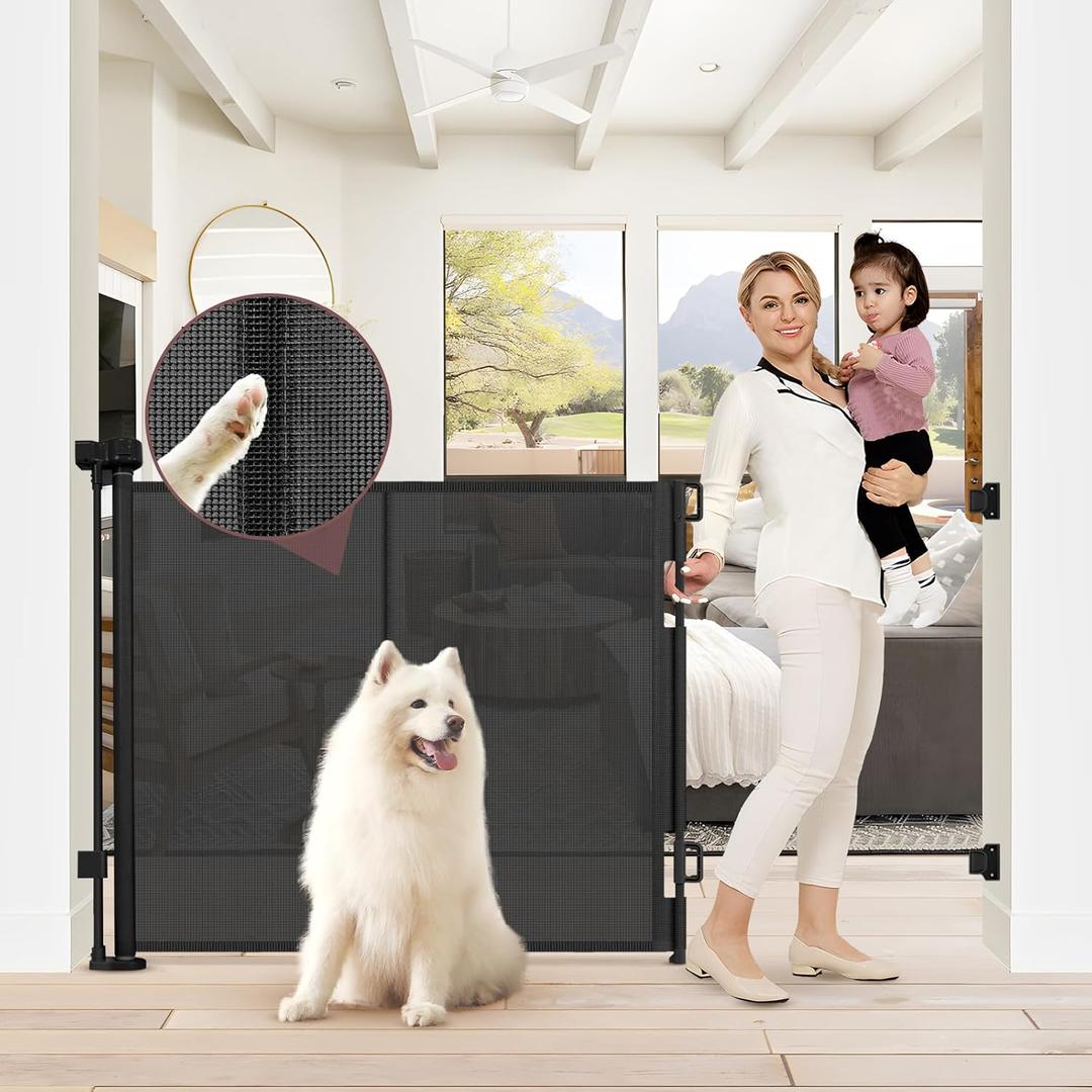 Reinforced 41 Inch Extra Tall Baby Gate 55" Wide Retractable Dog Gate with Support Rods  Prevents Crawling Under, Indoor Extra Tall Dog Gate Retractable Baby Gates Outdoor Retractable Gate, Black ((41" Tall x 55" Wide))