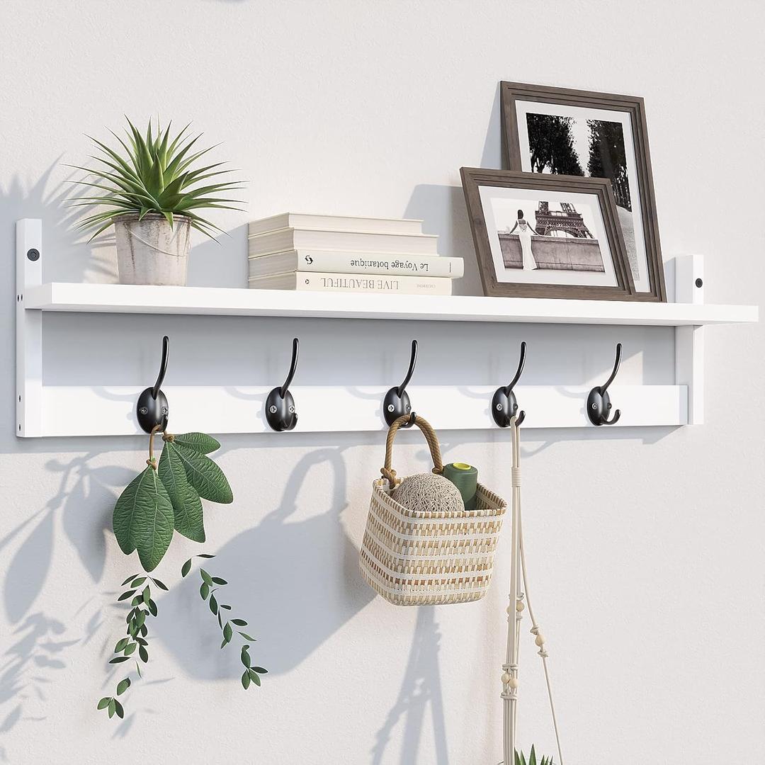 BAMEOS Wall-Mounted Wood Shelf with 5 Dual Hooks for Bathroom, Living Room, Bedroom (White-with Shelf, 28.9IN)