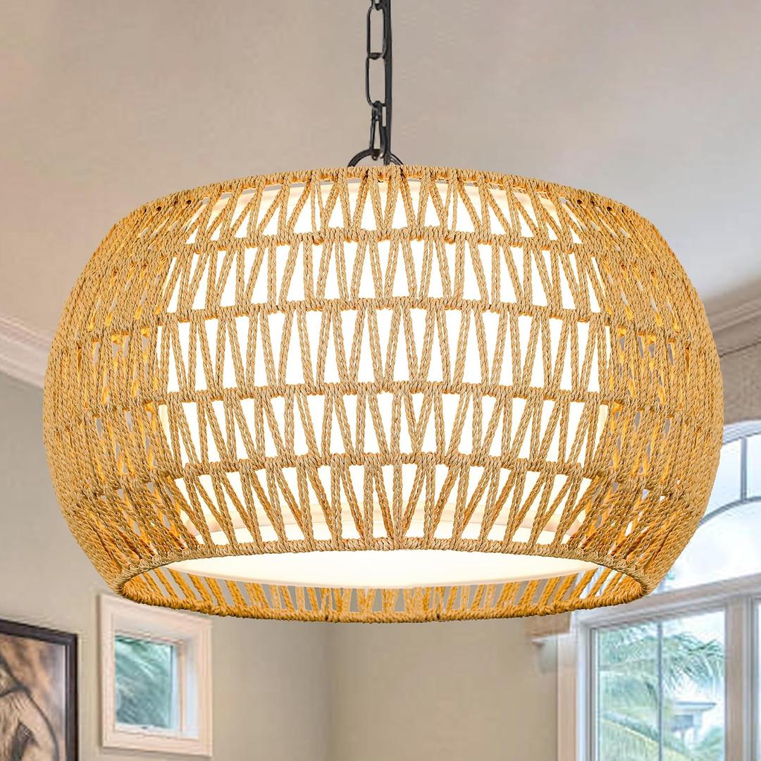 Farmhouse Chandelier Light Fixture,Rattan Boho Chandeliers for Dining Room,Large Pendant Lights Kitchen Island Hanging Light Fixtures Wicker Chandeliers for Bedroom Living Room Kitchen Nursery (19inch)