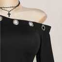 BEAUDRM Women's Plus Size Off Shoulder T Shirt Y2k Grommet Eyelet Long Sleeve Going Out Crop Tops (Black, L)