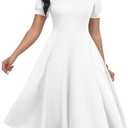 MarryUP White Dress Women Vintage Puff Sleeve V Neck Casual Semi-Formal Cocktail Party A-Line Swing Church Dress White L