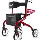 PLANET WALK Super Lightweight Rollator Walker for Seniors, Foldable Rolling Walker with Seat and 8" Rubber Wheels for All Terrain, Unique Design Aluminium Frame Sturdy Walkers for Traveling - Red
