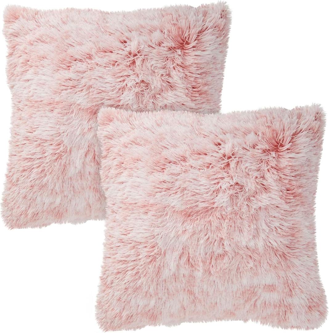 Juvale Pink Throw Pillows - 20 x 20 in (2-Pack) Blush Pink Faux Fur - Machine Washable & Hidden Zipper - Fuzzy Decorative Pillow Covers for Sofa & Bed