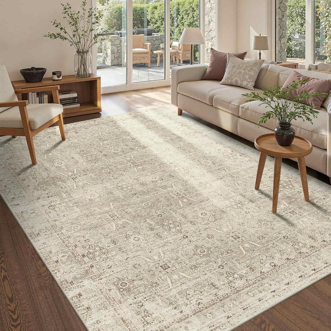 Beige Area Rugs 5x7 Washable Soft Rug for Living Room Bedroom | Non Slip, Rug for Dining Room Dorm Office Farmhouse, Stain Resistant, Vintage Boho Carpet, Low Pile, Home Decor