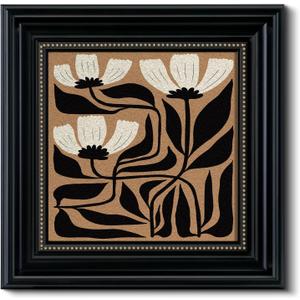 Framed 3D Textured Vintage Floral Wall Art 16x16 Abstract Flower Painting, Sandstone Finish Botanical Print, Minimalist Black White Geometric Design, Bedroom Office Gallery Decor