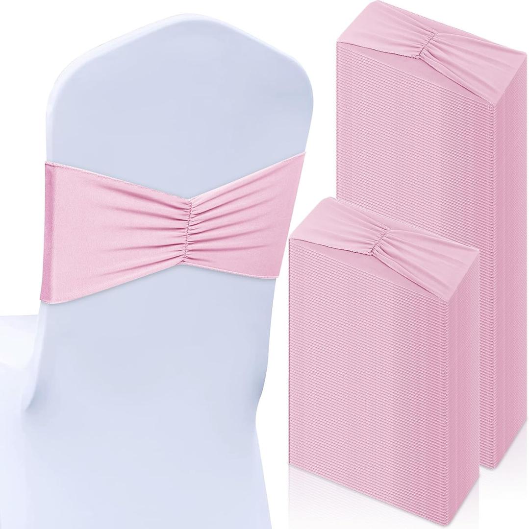 Moukeren 100 Pcs Spandex Chair Sashes Bows Chair Bands Slider Sashes for Chair Covers Elastic Chair Bands Ties Ribbon Chair Decorations for Wedding Party Events Ceremony Birthday Banquet(Light Pink)
