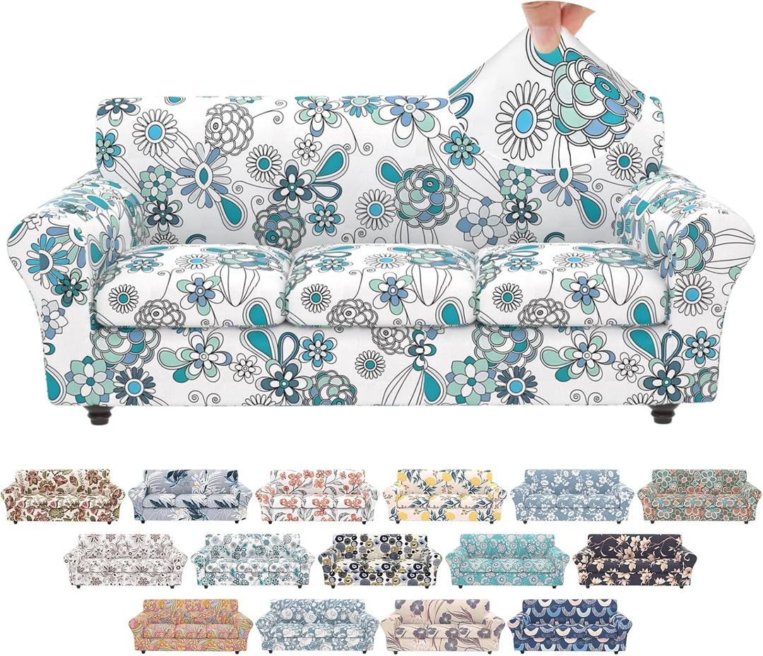 Floral Pattern Stretch Sofa Cover Printed Couch Covers 4 Piece Armchair Slipcover Set with 3 Separate Chair Cushion Cover, Washable Furniture Protector Elastic Living Room Sofa Covers,for Kids Pet (Large)
