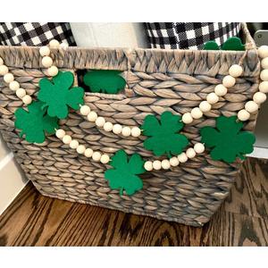 7.5 FT Beaded St Patricks Day Garland, Felt Shamrock Banner and Wooden Beads | Rustic Farmhouse Clover St Patricks Day Decorations for Home Bar Party, Shelf Display, Fireplace, Wall Decor