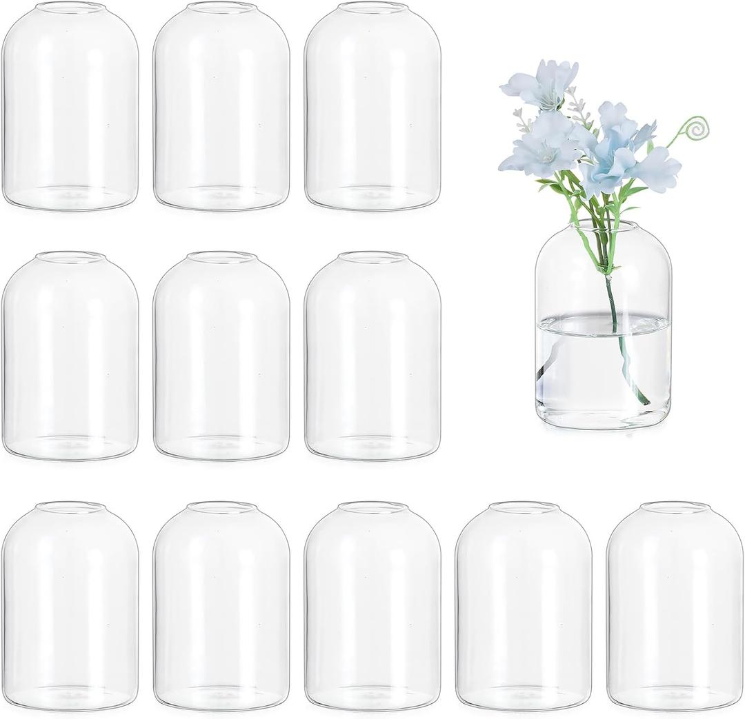 Hewory Glass Bud Vases for Centerpieces: Set of 12 Blown Clear Small Vase Bulk, Mini Cute Flower Vase for Floral Arrangement, Modern Decorations for Wedding Party Event Table Decor, 3.7"(H)2.75"(D)