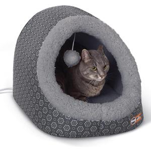 K&H Pet Products Thermo-Pet Cave Heated Cat Bed for Large Cats, Indoor Heated Pet Bed for Dogs & Cats, Covered Cave Pet Tent, Collapsible, Machine Washable, Safety Listed - 17 X 15 X 13in Gray (Gray/Geo Flower)