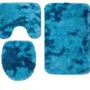 Reyox 3 Pieces Shaggy Bath Mat Set, Soft Absorbent Plush Microfiber Bathroom Rugs, Non Slip Bath Rugs Tie Dye Blue 3 PCS (3 PCS 20"x31"+U Shape 20"x16"+Lid 15"x16")