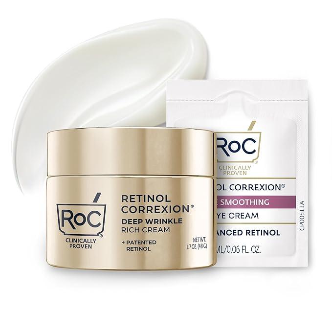 RoC Deep Wrinkle Rich Cream, Fragrance Free, Daily AntiAging Firming Cream For Persistent Dryness & YoungerLooking Skin For Women & Men, With Line Smoothing Eye Cream Packette, 1.7oz
