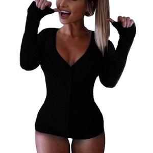Roselux Women's Sexy Deep V Neck Shorts Long Sleeve Knitted One Piece Bodysuit Sexy Pajama Onesie Bodycon Rompers Overall (Medium)