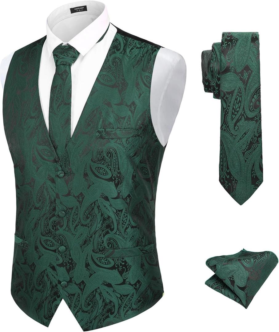 COOFANDY Men's Suit Vest Tie Set 3PC Paisley Jacquard Waistcoat and Necktie Pocket Square for Holiday Party Wedding