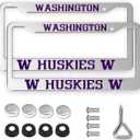 2 Packs for Washington Huskies License Plate Frames,2 Holes Silver License Plate Holder for UW,Universal Aluminum Tag Frame for License Plate for Front and Rear Car Tags (Black)