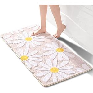 QJHOMO Beige Bathroom Rugs Cute Daisy Bath Mat White and Yellow Flower Decor Rug Non Slip Floor Carpet Microfiber Bathmat Super Absorbent Machine Washable Bathtub Mats for Shower (24x48 inch)