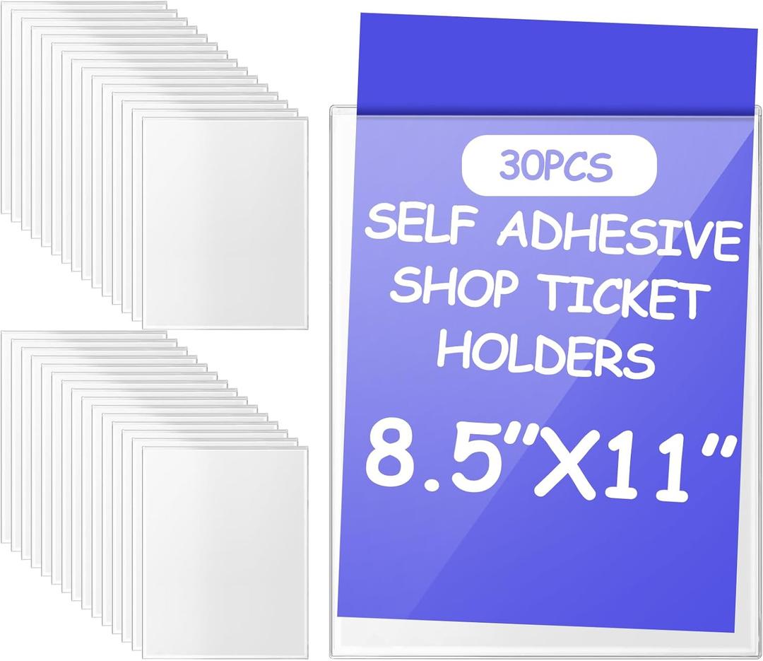 Outus 30 Pcs Index Card Pockets with Top Open Loading Self Adhesive Shop Ticket Holders Clear Plastic Sleeves Adhesive Pockets Work Order Job Ticket Holders for Home Office Posting (8.5 x 11 Inch)