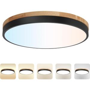 15.8inch Dimmable Wood Ceiling Light,36W Wood Flush Mount Ceiling Light Fixture,3000K/3500K/4000K/5000K/6000K Selection,Circle Lighting Lamp with Acrylic Lampshade for Bedroom,Hallway,Kitchen,Black