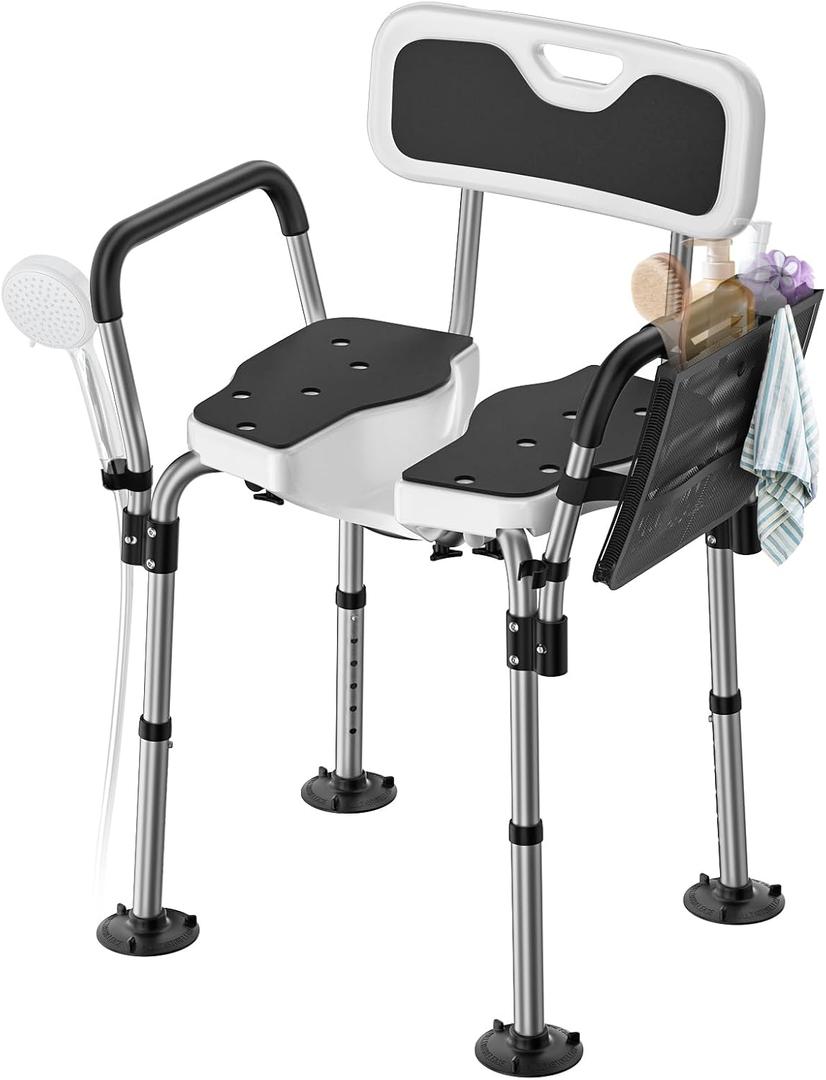 FORTEMOTUS Shower Chair for Inside Shower - U-Shape Seat Heavy Duty Shower Chair for Elderly and Disabled, 400 lbs Capacity, Padded Arms and Back, 6-Level Adjustable Height for Bathroom, Bathtub