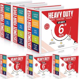 6 Pcs 3 Ring Binder, 6 Inch Large Capacity 3 Slant D Ring Binders with Pockets, 8.5" x 11" Presentation Folder View Binder with Customizable Clear Cover for Documents Files Projects (White)