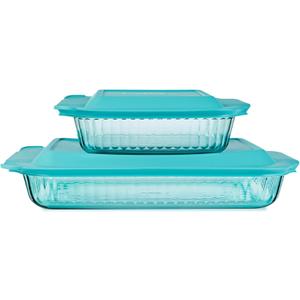 Pyrex Colors Tinted (2-Pack, Full Set) Tinted Glass Baking Dish with BPA-Free Lid, Oblong Bakeware Glass Pan For Casserole & Lasagna, Dishwasher, Freezer, Microwave and Pre-Heated Oven Safe, Aqua (9x13, 8x8)