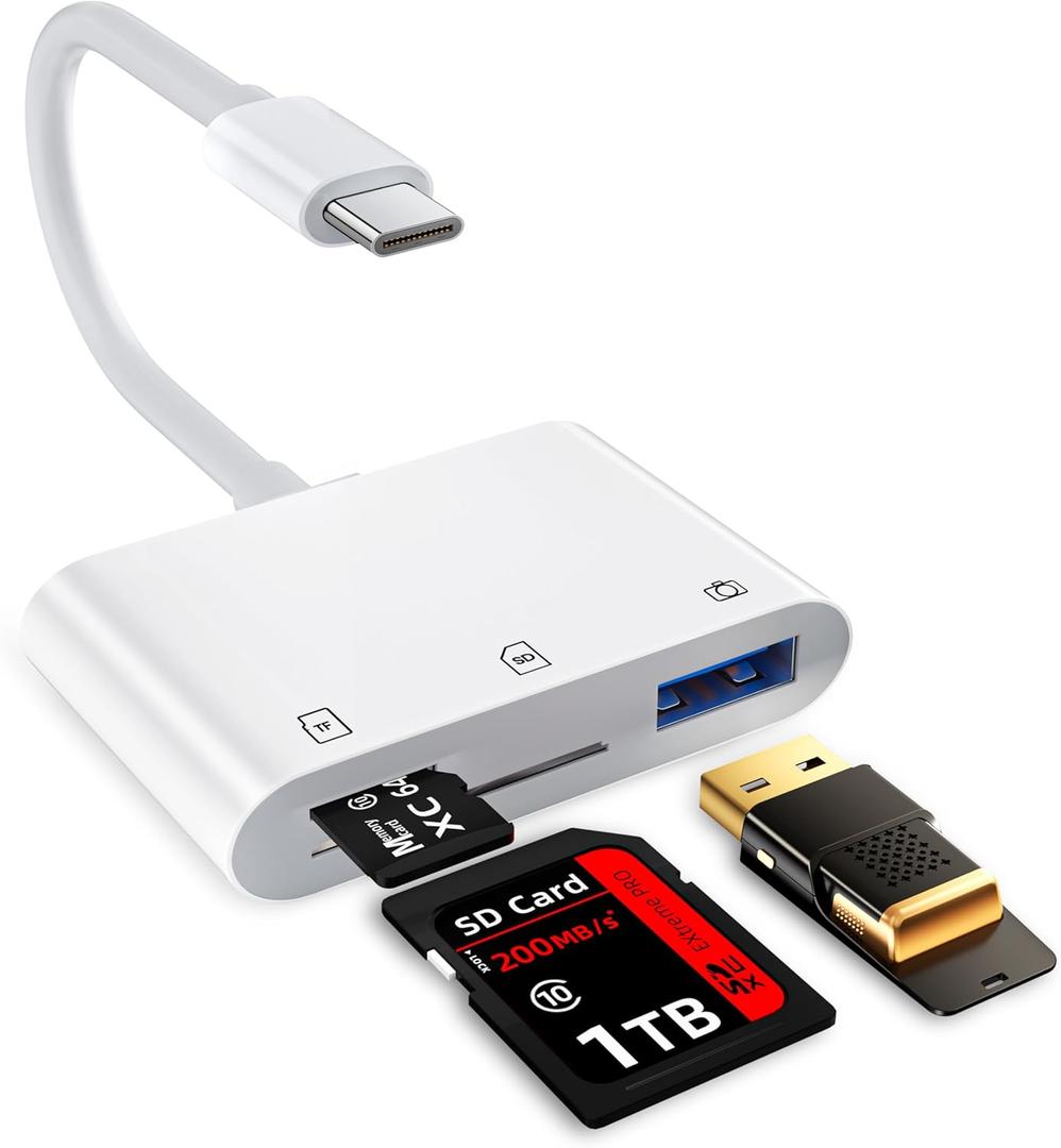 SD Card Reader USB C, High Speed Data Sync USB 3.0 to SD/TF Card USB Adapter, Memory Card Camera Veiwer for USB-C Devices Compatible with iPhone 15/16 iPad Mac PC Android Phone Tablet Plug and Play, White