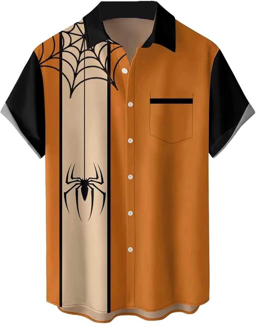 Hodaweisolp Mens Halloween Christmas Shirts Funky Santa Button Down Shirt Printed Short Sleeve Bowling Shirts (XX-Large, Black Spider)