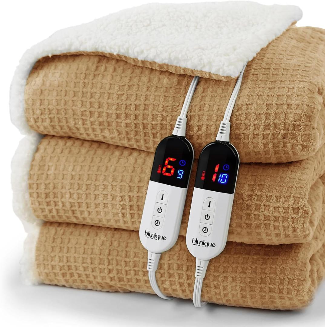 blunique Heated Blanket Electric Blanket Queen Waffle, 84x90 Inches Dual Controllers Sherpa Fleece Fast Heating Blanket 6 Heating Levels & 10 Hours Auto Off ETL Certification, Apricot Orange Queen
