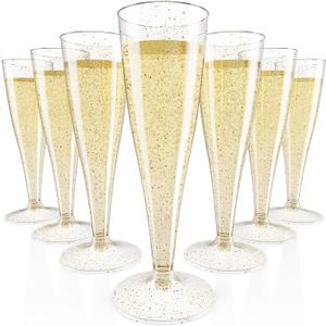 JOLLY CHEF 100 Pack Plastic Champagne Flutes Disposable 4.5 oz Gold Glitter Plastic Champagne Glasses for Wedding, Thanksgiving Day, Christmas
