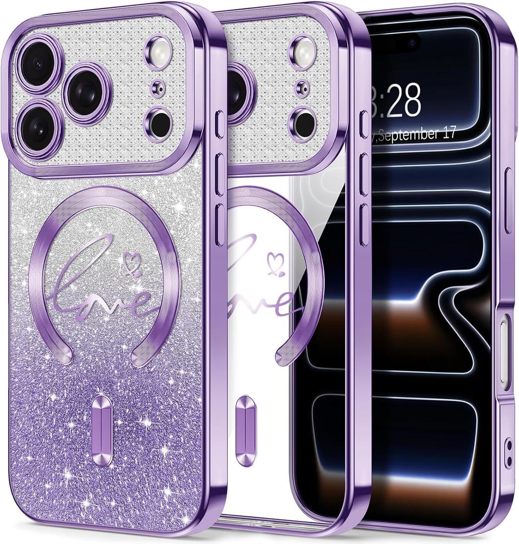 Hython for iPhone 17 Pro Case Glitter, Compatible with MagSafe Love Heart Magnetic Clear Phone Cases for Women Girls, Full Camera Protection Sparkle Plating Shockproof Protective Cover, Deep Purple