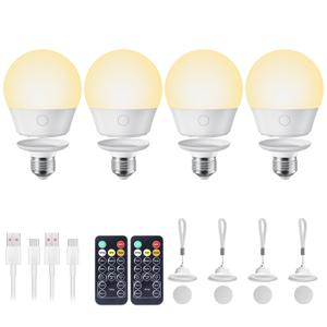 Rechargeable Light Bulb with Remote and Timer for Sconce and Lamp, Battery Backup Night Light, E26 Detachable Charging, Magnetic Base, 3 Lighting Colors, Dimmer, 7W, Lanyard Included, 3 Pack