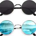 CGID Retro Round Polarized Sunglasses Mens Womens Circle Metal Hippie Shades UV400 Protection E01 (Black Frame Black Lens & Silver Frame Blue Lens Mirrored)