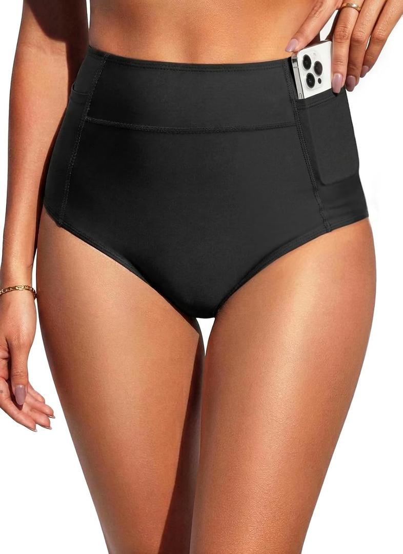 Tempt Me Women High Waisted Swimsuit Bikini Bottoms - Tummy Control Swim Bottom Full Coverage Bathing Suit with Pockets 2025 (Black, XXL)