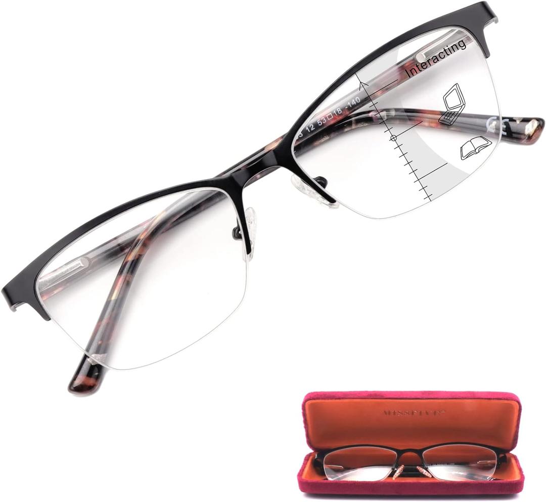 Missfive Premium Progressive Multifocus Metal Reading Glasses Women & A Case, Quality Spring Hinge Blue Light Blocking No Line Lens Multifocal Readers(for Mid-Near Workspace_2.5x_Classic Black)