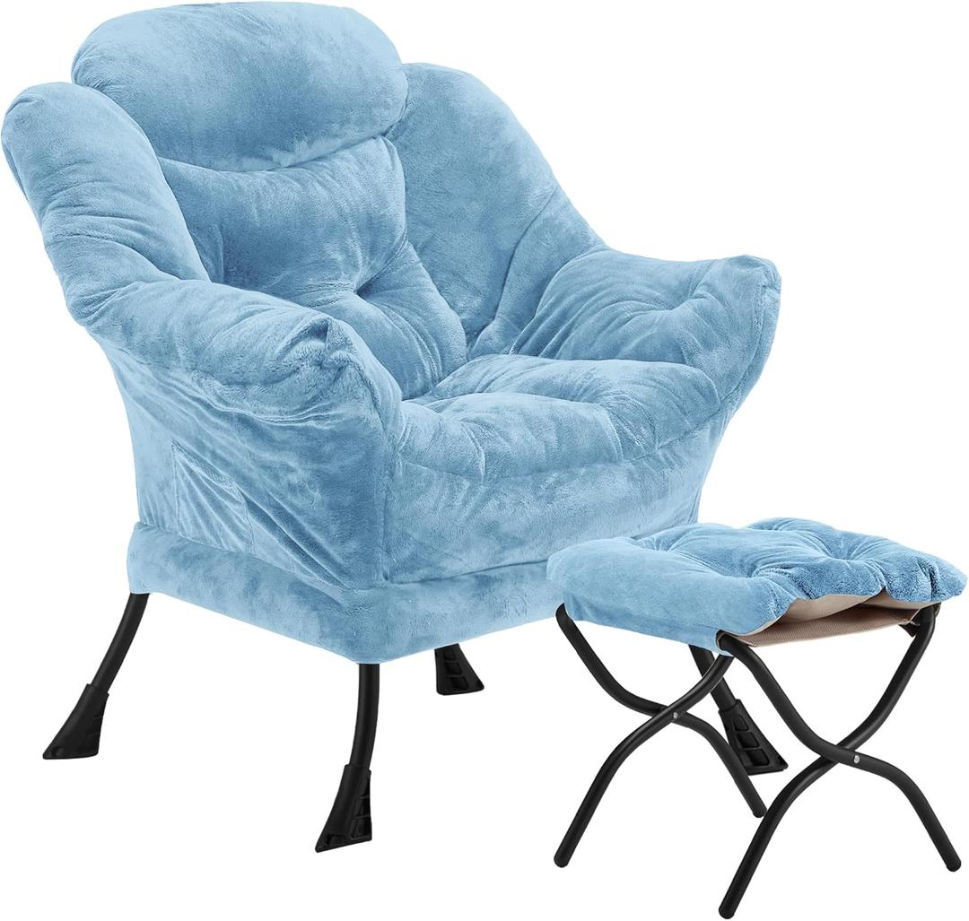 Youtanic Lazy Chair with Folding Ottoman, Accent Chair Plush Upholstered with Metal Structure and Non-Slip Pads, Sofa Armchair with Footrest and Side Storage Bag for Dorm, Room, Office, Blue