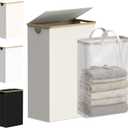 efluky Slim Laundry Basket with Lid, Narrow Laundry Hamper with Removable Bag, Skinny Dirty Clothes Basket with Bamboo Handles for Bathroom, Bedroom & Laundry Room, 75L Beige
